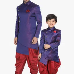VASTRAMAY Boys Self Design Mandarin Collar Raw Silk Indowestern Sherwani Set-picture-4