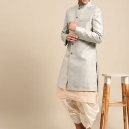 KISAH Men Cream-coloured & Grey Printed Cotton Sherwani Set-23