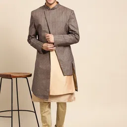KISAH Men Brown & Black Printed Cotton Sherwani Set-image-24