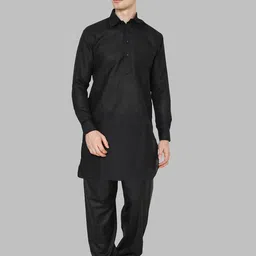 ROYAL KURTA Men Black Solid Linen Pathani Kurta with Salwar-picture-14