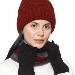 Gajraj Unisex Maroon Acrylic Beanie, Neck Warmer Scarf and Gloves Set (3 Piece)-75