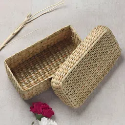 HABERE INDIA Bohemian Beige Bamboo Multi-Utility Long Lid Box Organiser-15