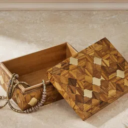 Fabindia Brown Wooden Geometric Printed Jewellery Organiser Box-48