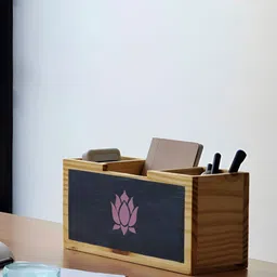 Mirai Woods Brown & Navy Blue Regular  Blooming Lotus Hand Painted Wooden Desk Organisers-54