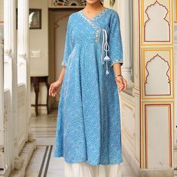 YASH GALLERY Leheriya Printed V-Neck Mirror Work Angrakha Kurta-image-88