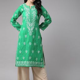 ADA Ethnic Motifs Embroidered Chikankari Kurta-image-32