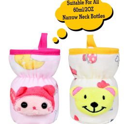 Soft Plush Stretchable Baby Feeding Bottle Cover with Easy to Hold Strap | Suitable for 60ml | Cute Animated Overall Print Pack of 2 (Pink & Yellow, Narrow Neck 60ml/2OZ)-image-64