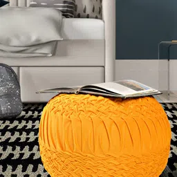 RIANCE CREATIONS Yellow Textured Pedestal Designed Round Ottomans-31