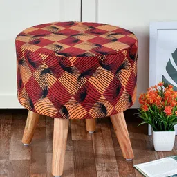 RIANCE CREATIONS  Black & Mustard Printed Velvet & Wood Ottomans-12