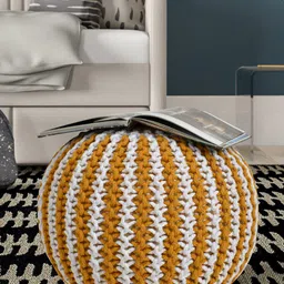 RIANCE CREATIONS Yellow & White Woven Design Knitted Round Shaped Ottoman-26