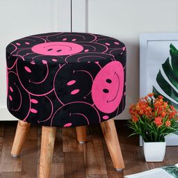 RIANCE CREATIONS Black & Pink Printed Ottoman With Wooden Legs-17