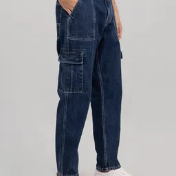 Snitch Men Blue Wide Leg Stretchable Cotton Cargo Jeans-image-79