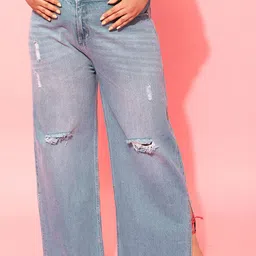 CURVY STREET Plus Size Women Blue Comfort Flared Low Distress Pure Cotton Flared Jeans-picture-34
