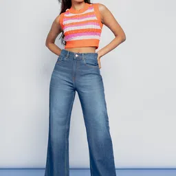 FREAKINS Women Stylish Blue High-Rise Wide Leg Fit Cropped Jeans-image-55