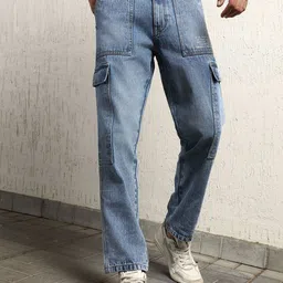 Hubberholme Men Straight Tapered Fit Light Fade Cotton Cargo Carpenter Jeans-image-24