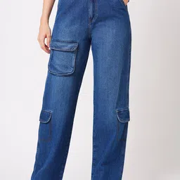 Globus Women Blue Straight Fit Mid-Rise Clean Look Light Fade Cotton Cargo Style Jeans-image-78