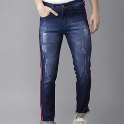 Campus Sutra Men Navy Blue Slim Fit Mildly Distressed Light Fade Stretchable Jeans-image-69