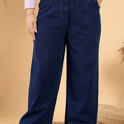 CURVY STREET Plus Size Women Wide Leg Mid Rise Clean Look Pure Cotton Denim Jeans-picture-55