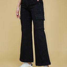 DressBerry Women Black Wide Leg Clean Look High-Rise Stretchable Jeans-image-44