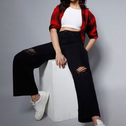 High Star Women Black Wide Leg High-Rise Slash Knee Jeans-image-74