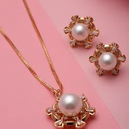 PANASH Gold-Plated Stone Studded Pearl Pendant With Earrings-53