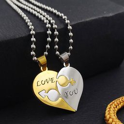 Saizen Set of 2 Gold-Plated Dual Heart Shape Couple Pendants With Chains-image-69