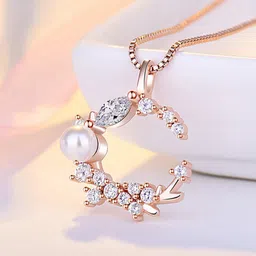 Jewels Galaxy Rose Gold-Plated American Diamond Studded Crescent Shape Pendant-25