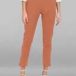 Janasya Women Peach Cotton Regular Trousers-image-10
