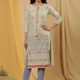 W Floral Printed Tie-Up Neck A-Line Kurta with Trouser-image-51