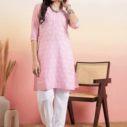 Inddus Pink & White Floral Embroidered Straight Kurta & Dhoti Pant-25