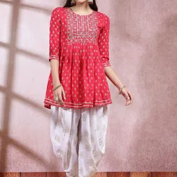 Stylum Pink Ethnic Motifs Printed & Embroidered Empire Anarkali Kurti With Dhoti Pant-21