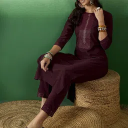 Sangria Round Neck Embroidered Straight Kurta Sets-picture-47