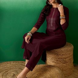 Sangria Maroon Sequence Yoke Design Round Neck Kurta With Trousers-picture-53