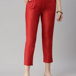 De Moza Women Red Solid Polyester CigaretteTrousers-picture-8