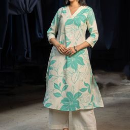 INDYES Floral Printed Regular Pure Cotton A-Line Kurta With Trousers-image-49