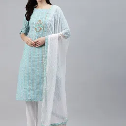 Vbuyz Women Turquoise Blue & White Ethnic Motifs Printed Kurta with Trousers & Dupatta-23
