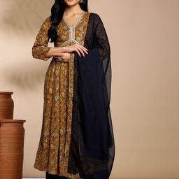 Anouk Mustrad Floral Printed V-Neck Anarkali Kurta with Palazzos & Dupatta-image-12