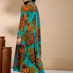 Anouk Floral Printed V-Neck Regular Kurta with Trousers & Dupatta image 3