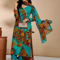 Anouk Floral Printed V-Neck Regular Kurta with Trousers & Dupatta-picture-5