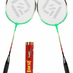 STAR GREEN Single Shaft Racket SET OF 2 Pc With 10 Shuttle FEATHER FOR KIDS MEN Multicolor Strung Badminton Racquet-1