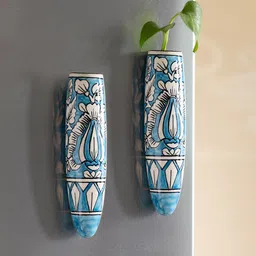 ExclusiveLane Set of 2 Blue & White Mughal Heaven Ceramic Magnetic Fridge Planters-26