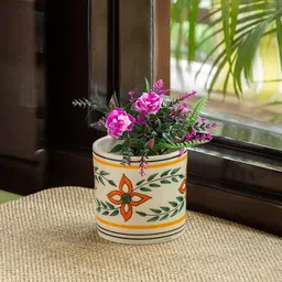 ExclusiveLane White Ethnic Lily Handpainted Ceremic Table Planters-51
