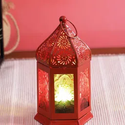TAYHAA Red Textured Metal & Glass Morrocan Cylinder Lantern-image-51