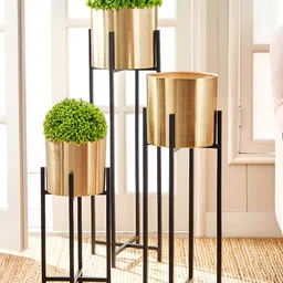 Home Centre Gold Toned & Black 3 Pieces Metal Planters With Stand-picture-51