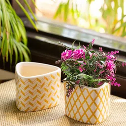 ExclusiveLane Set Of 2 Orange Plaid Handcrafted Painted Ceramic Table Planters-21