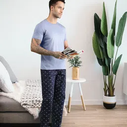 The Indian Garage Co Men's Navy Blue and White Printed Lounge Pants-image-94