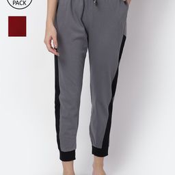 Claura Women Grey & Red Pack of 2 Solid Cotton Lounge Pants-image-17