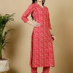 KIMAYRA Floral Printed Regular Mirror Work Pure Cotton Kurta with Trousers-picture-7