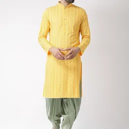 KISAH Men Yellow & Sage Printed Cotton Blend Kurta with Dhoti Pants-image-30