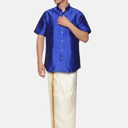 Sethukrishna Men Navy Blue & White Shirt with Dhoti Pants-picture-29